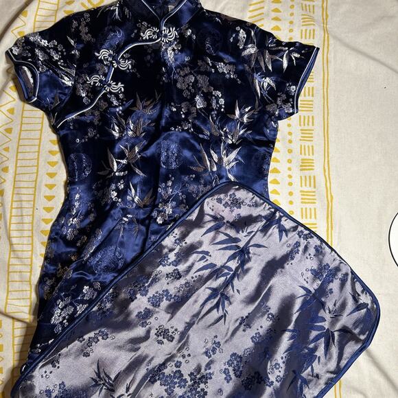 Blue Cheongsam Dress Silver Floral and Bamboo Brocade Pattern Large Women's - Picture 7 of 7